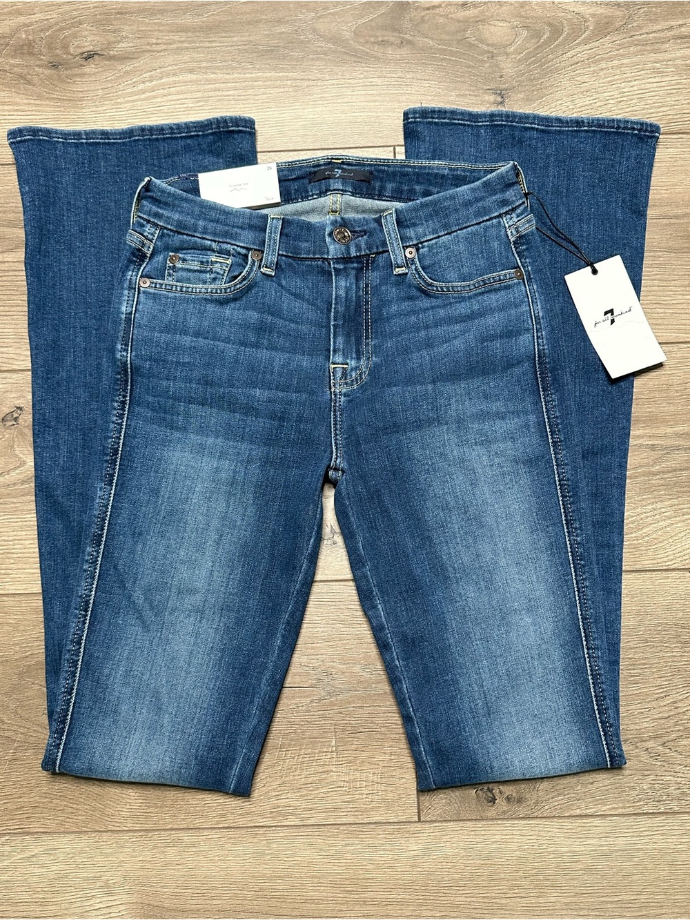 7 For All Mankind 33.5” A Pocket Flare Mid Rise Stretch Blue Jeans Size 26 - Picture 3 of 12